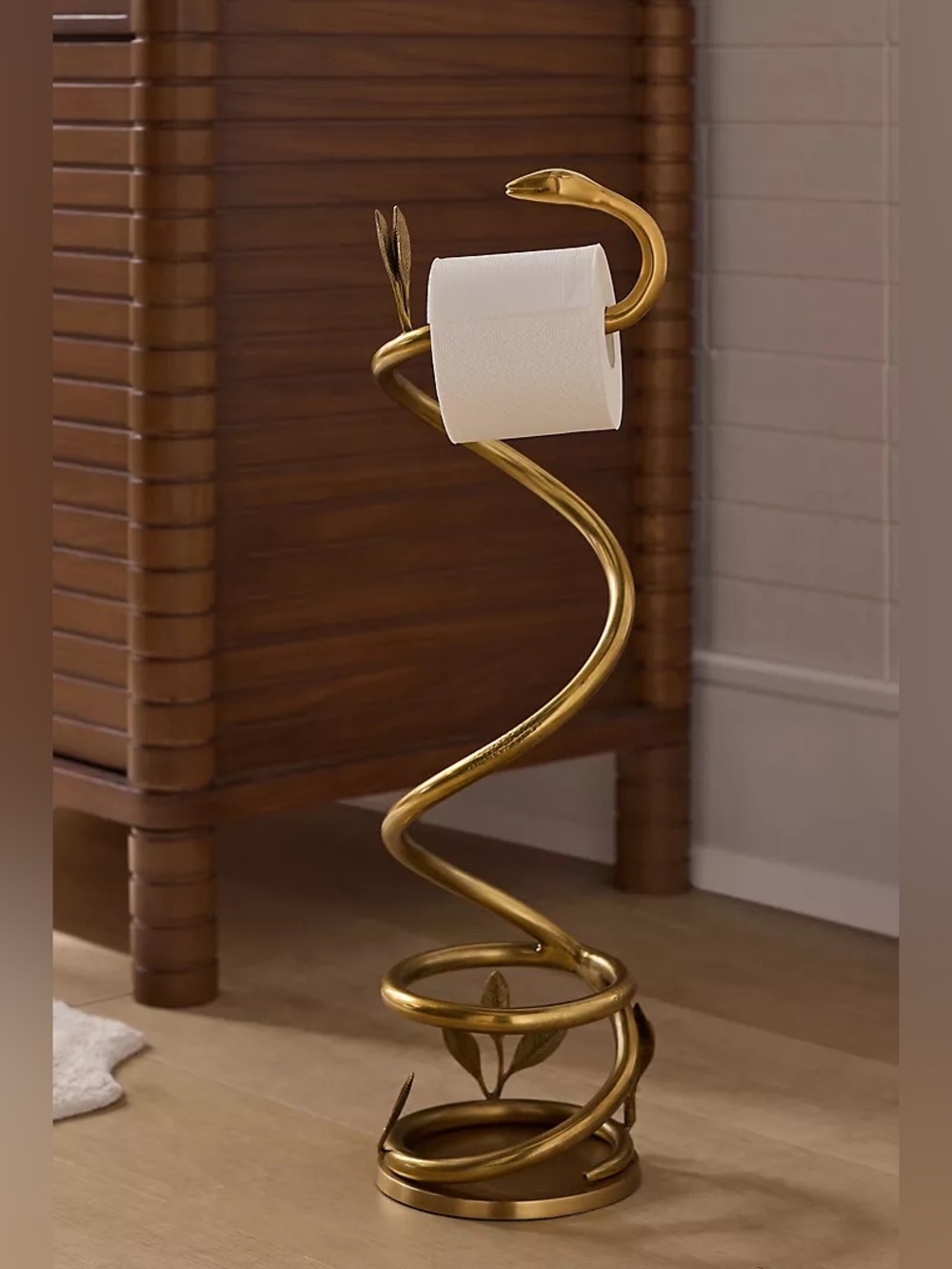 New Anthropologie Home Decor Serpentine Brass Standing Toilet Paper Holder Stand
